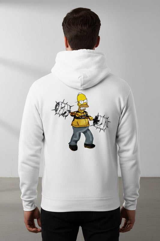 White Hoodie with Classic Cartoon Strongman Print.