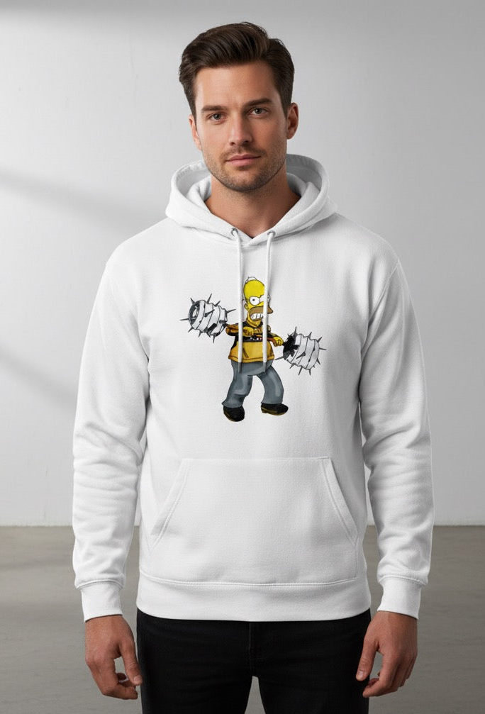 White Hoodie with Classic Cartoon Strongman Print.