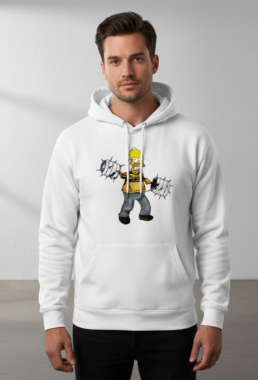 White Hoodie with Classic Cartoon Strongman Print.